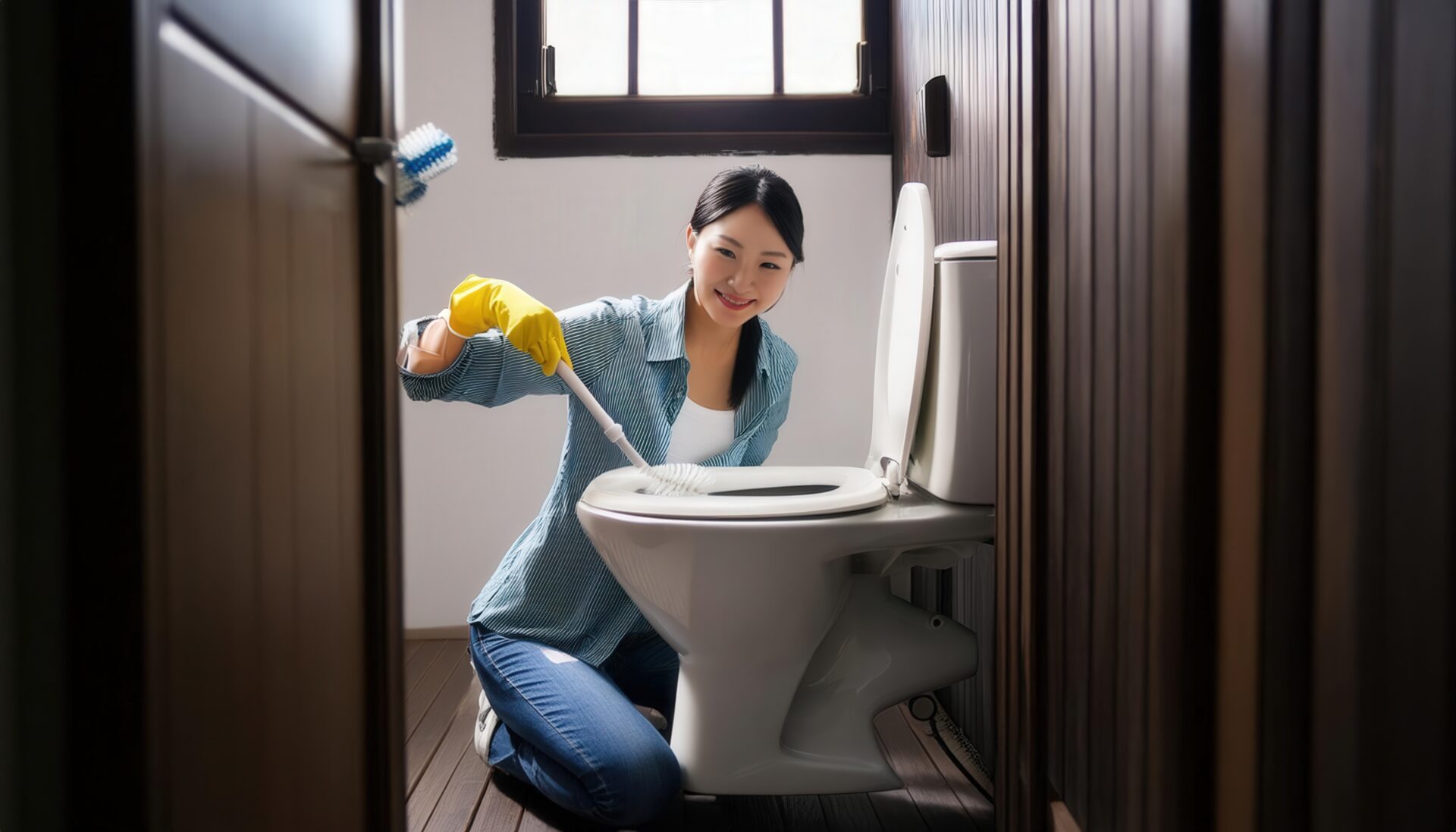 木目調のトイレでブラシ掃除をする人物