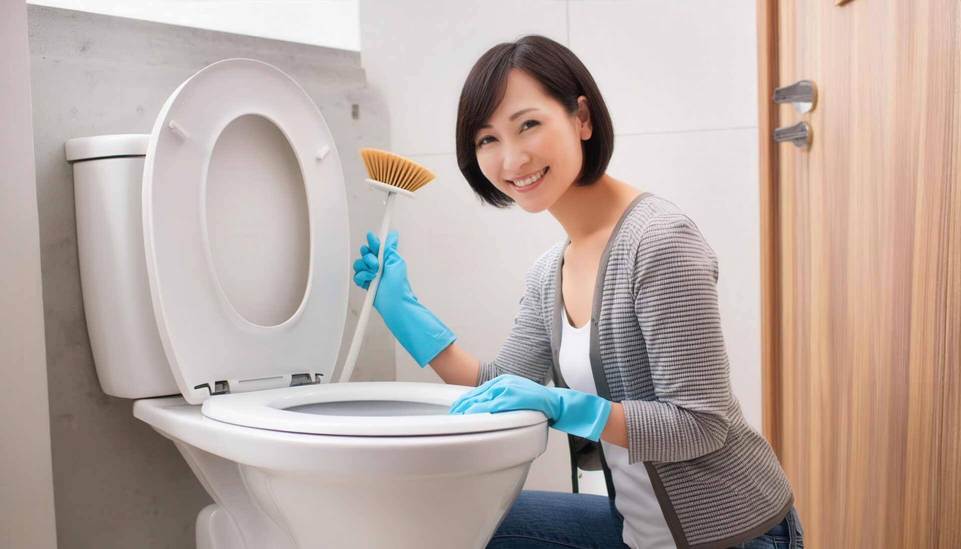 明るい室内でトイレを掃除する人物