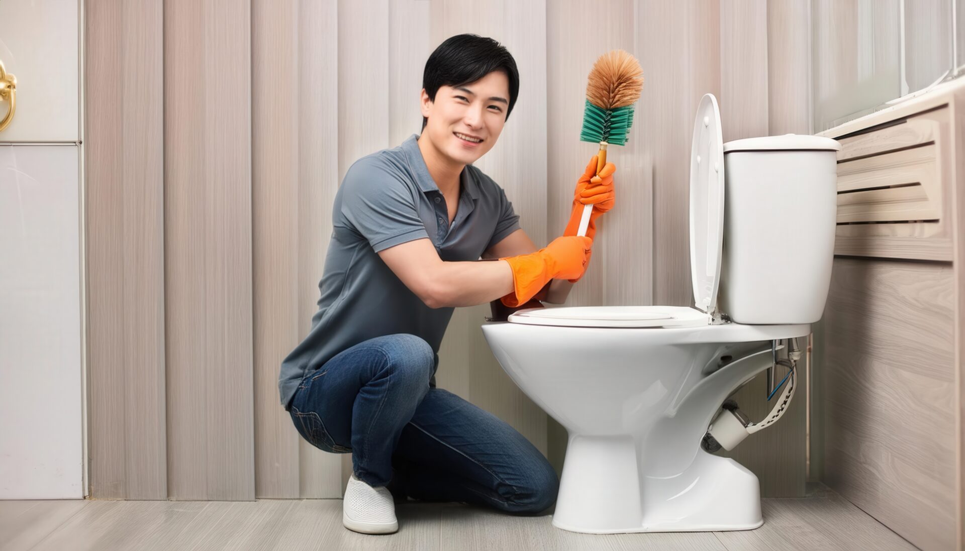 木目調のトイレでブラシ掃除をする人物