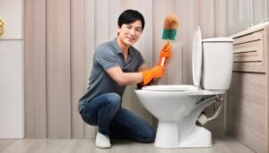 木目調のトイレでブラシ掃除をする人物