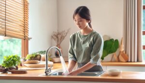 キッチンのシンクで手を洗う人物