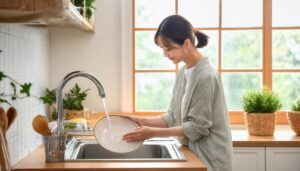窓辺のキッチンで皿を洗う人物