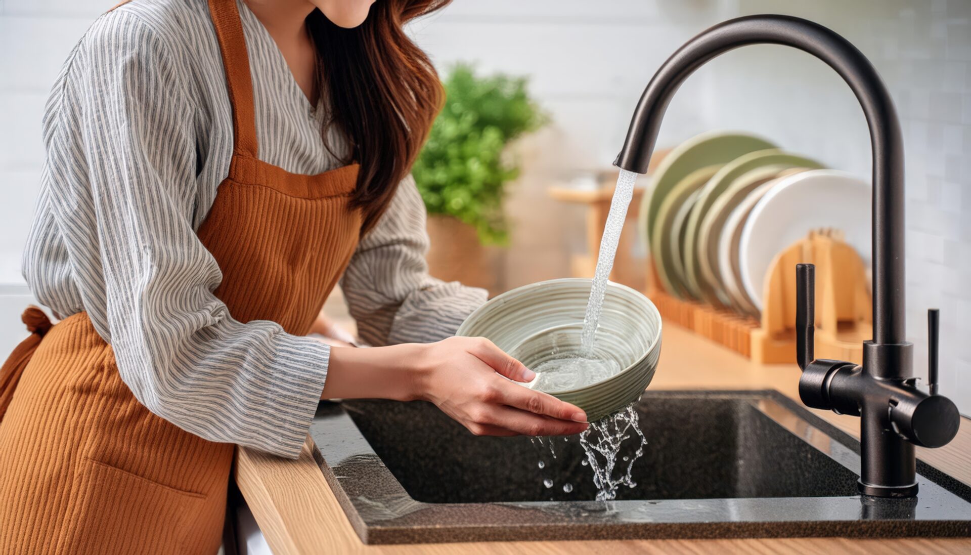 エプロン姿でボウルを洗う人物