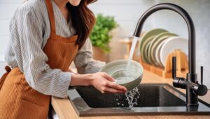 エプロン姿でボウルを洗う人物