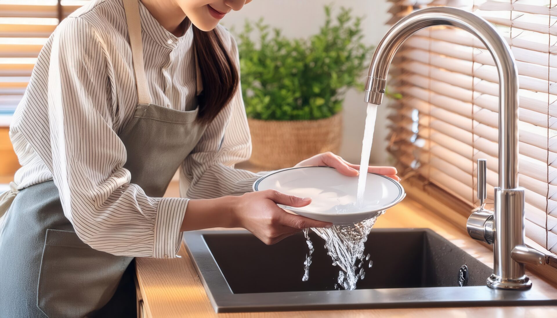 エプロン姿で白い皿を洗う人物