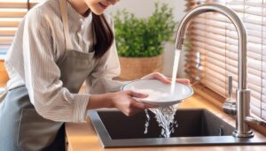 エプロン姿で白い皿を洗う人物