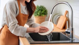 エプロン姿でプレートを洗う人物