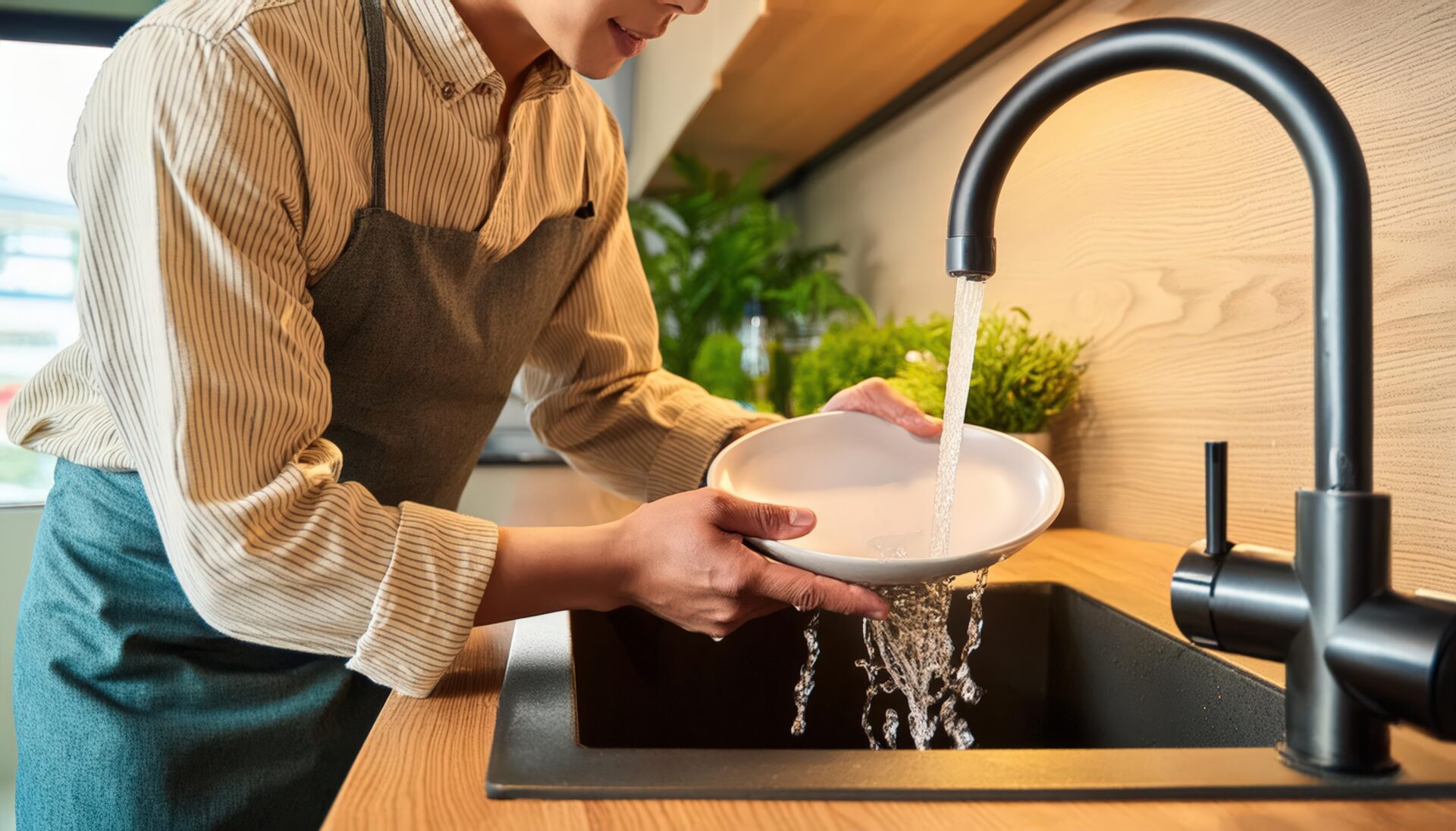 エプロン姿で食器を洗う人物