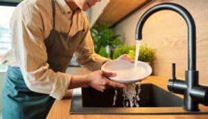 エプロン姿で食器を洗う人物