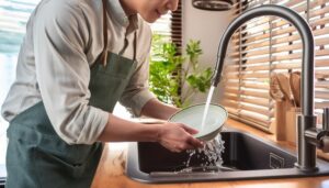 エプロン姿で深めのボウルを洗う人物