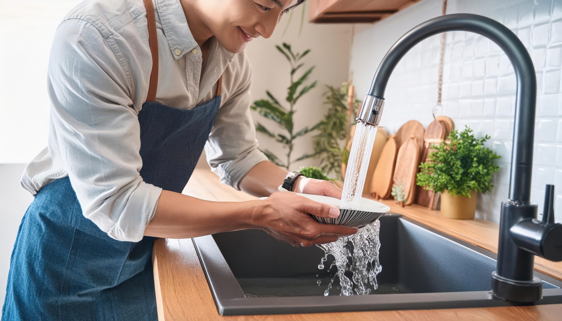 エプロン姿で皿を洗う人物