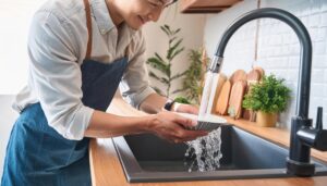 エプロン姿で皿を洗う人物