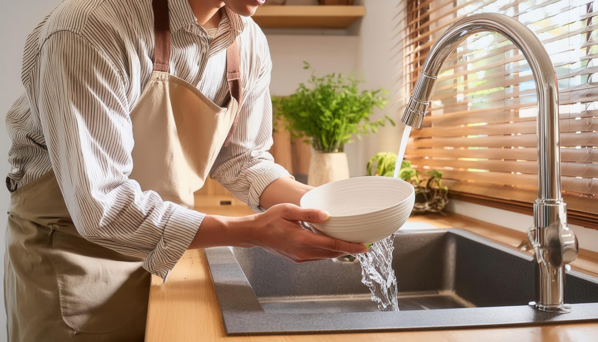 エプロン姿で白いボウルを洗う人物