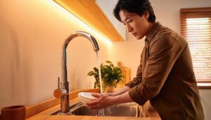キッチンで白い皿を洗うブラウンシャツの人物