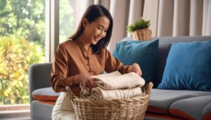 リビングでバスケットにタオルをたたむ人物（ブラウンシャツ）