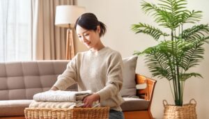 リビングでバスケットに洗濯物をたたむ人物（ベージュのニット）