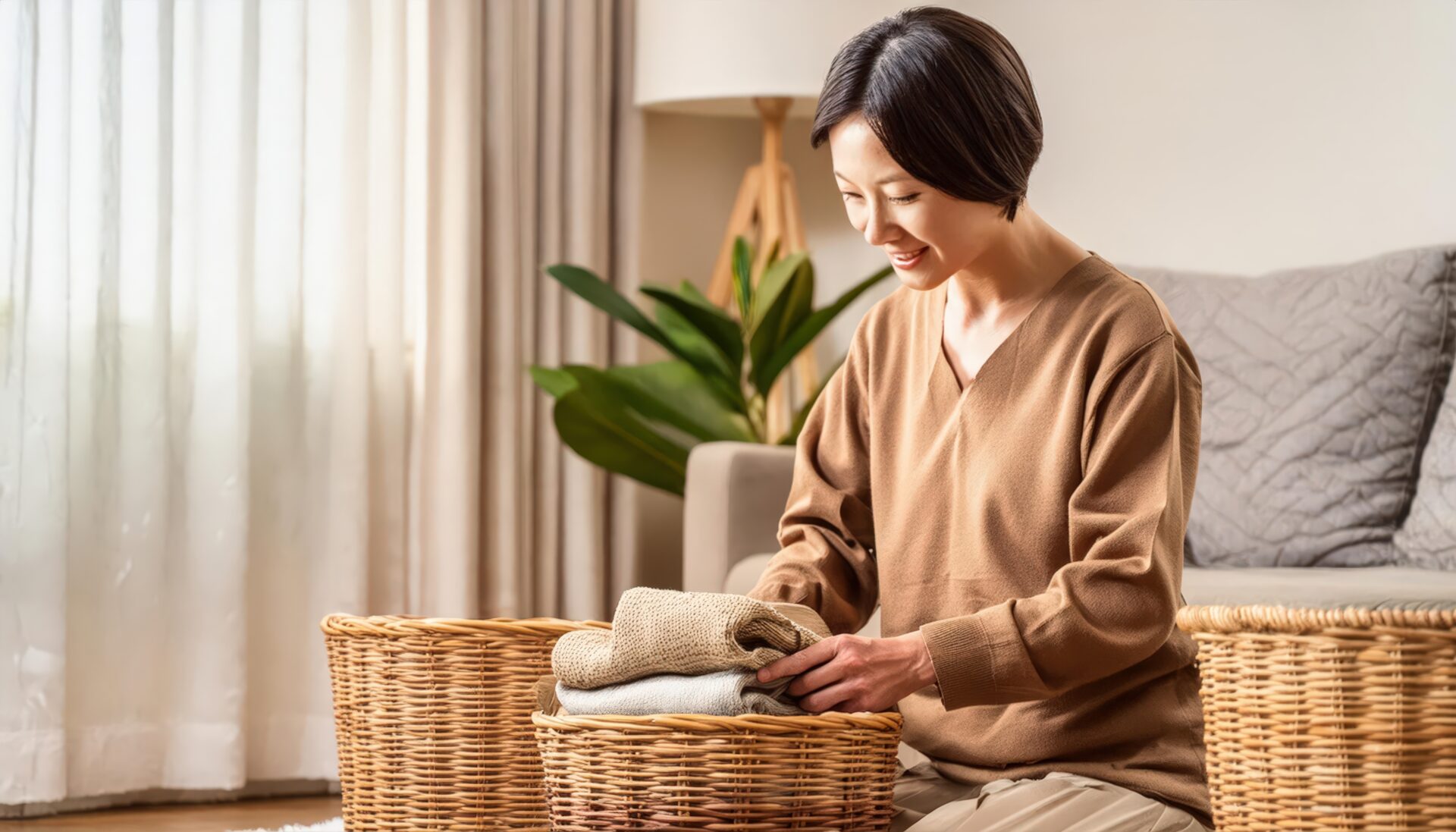 座ってバスケットの洗濯物を整理する人物