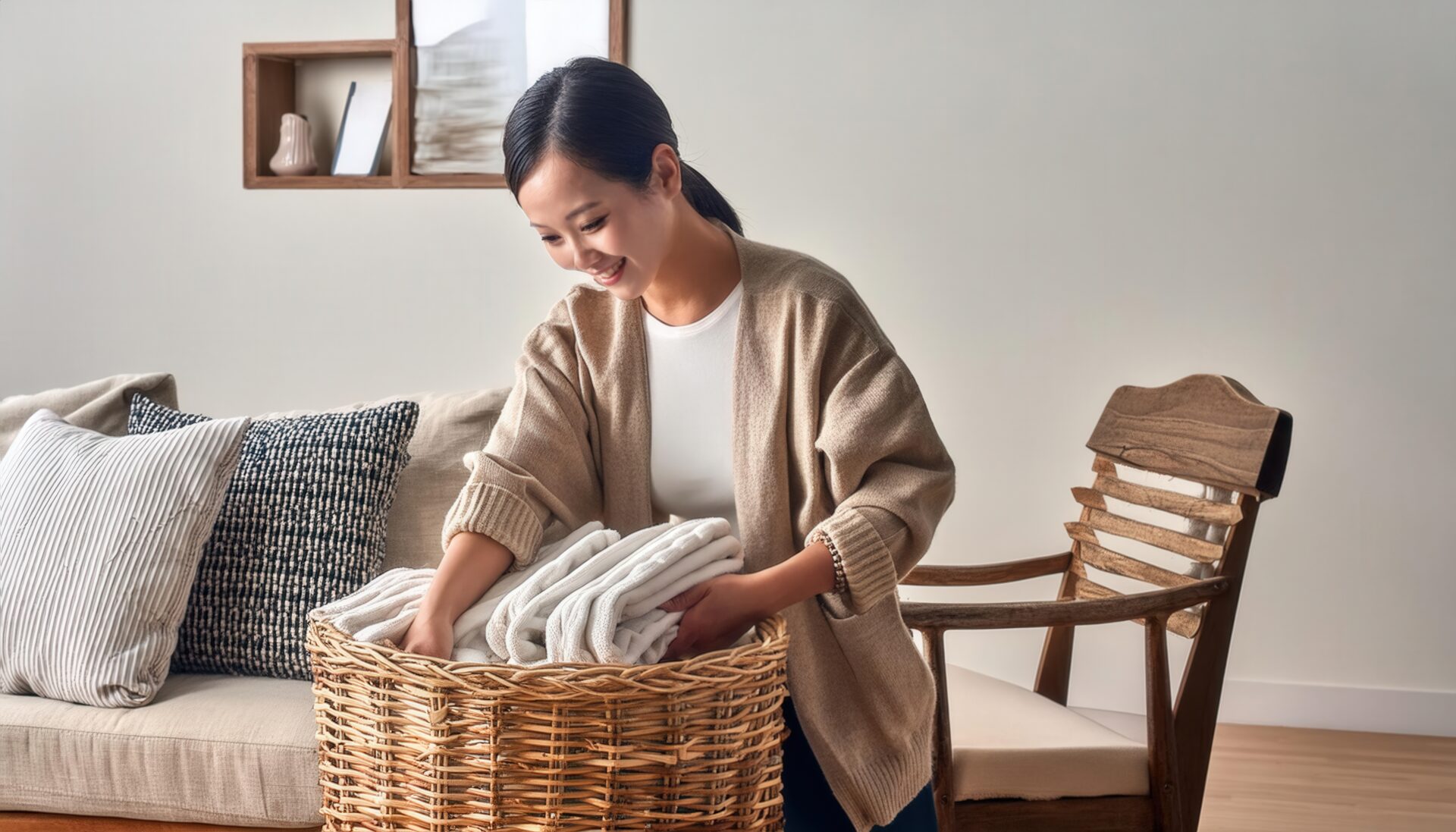 カーディガンを羽織って洗濯物をバスケットに入れる人物