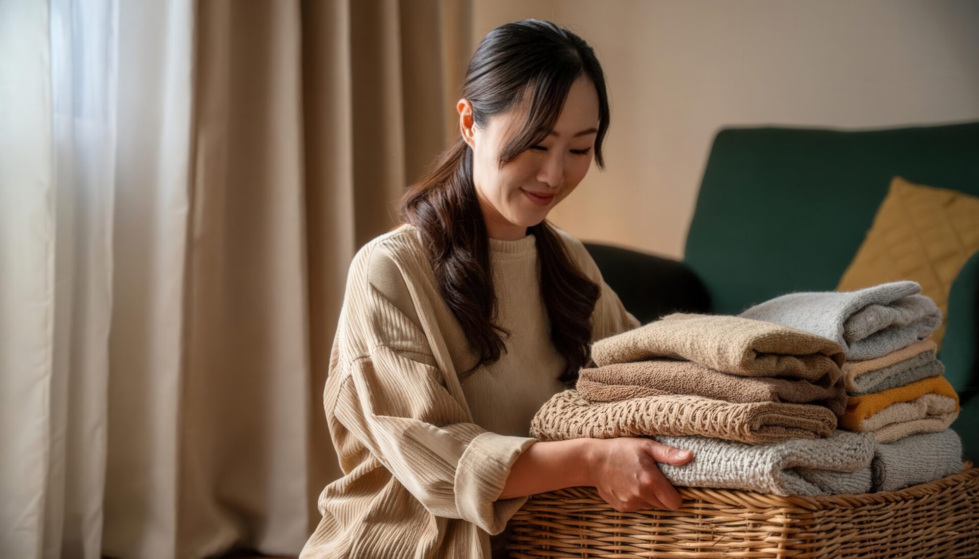 ベージュ系の洗濯物をまとめる人物