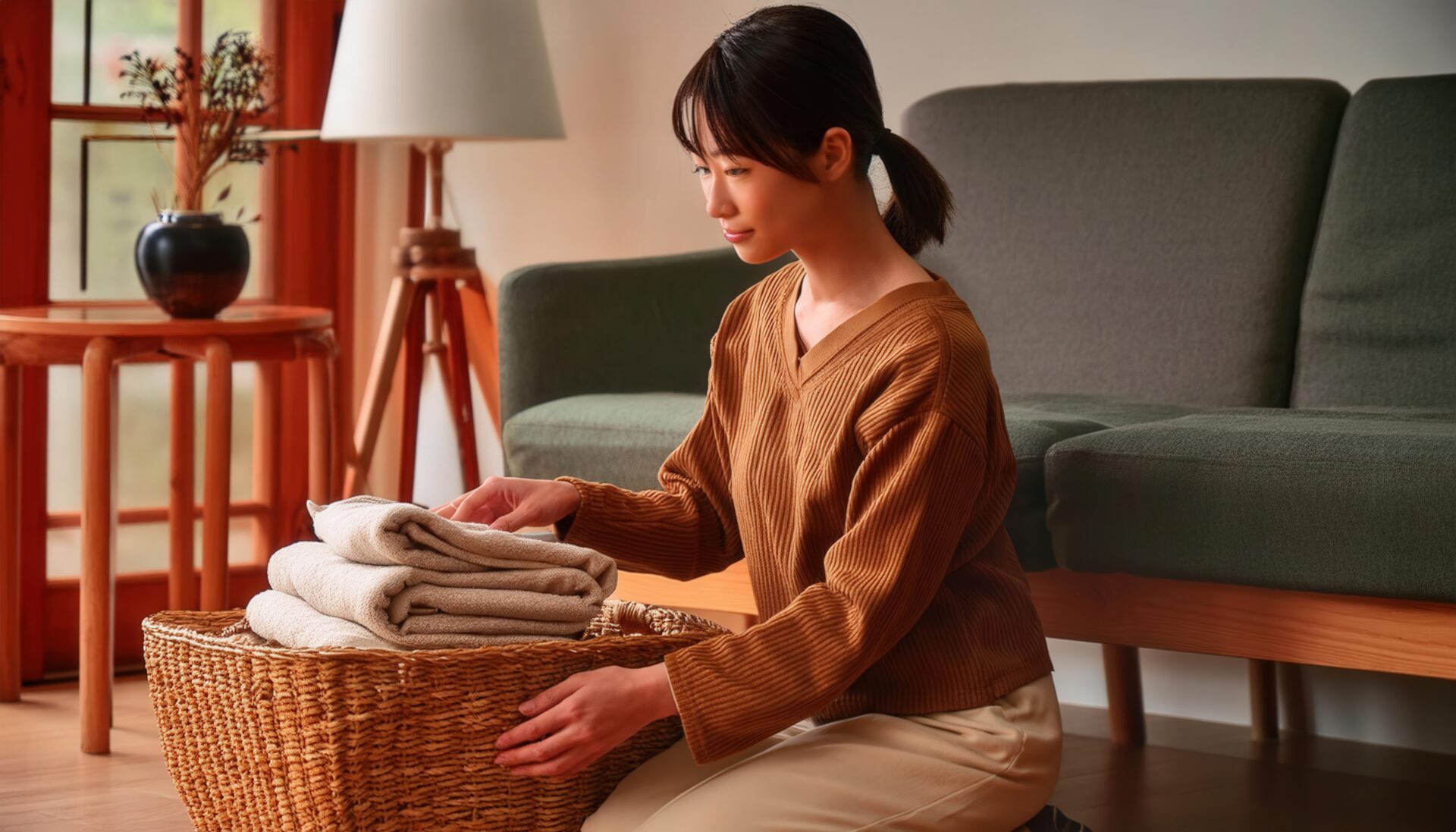 木枠の窓際で洗濯物をたたむ人物