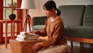 木枠の窓際で洗濯物をたたむ人物