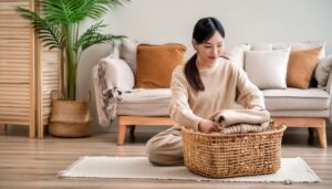 ナチュラルテイストの部屋で洗濯物を整理する人物