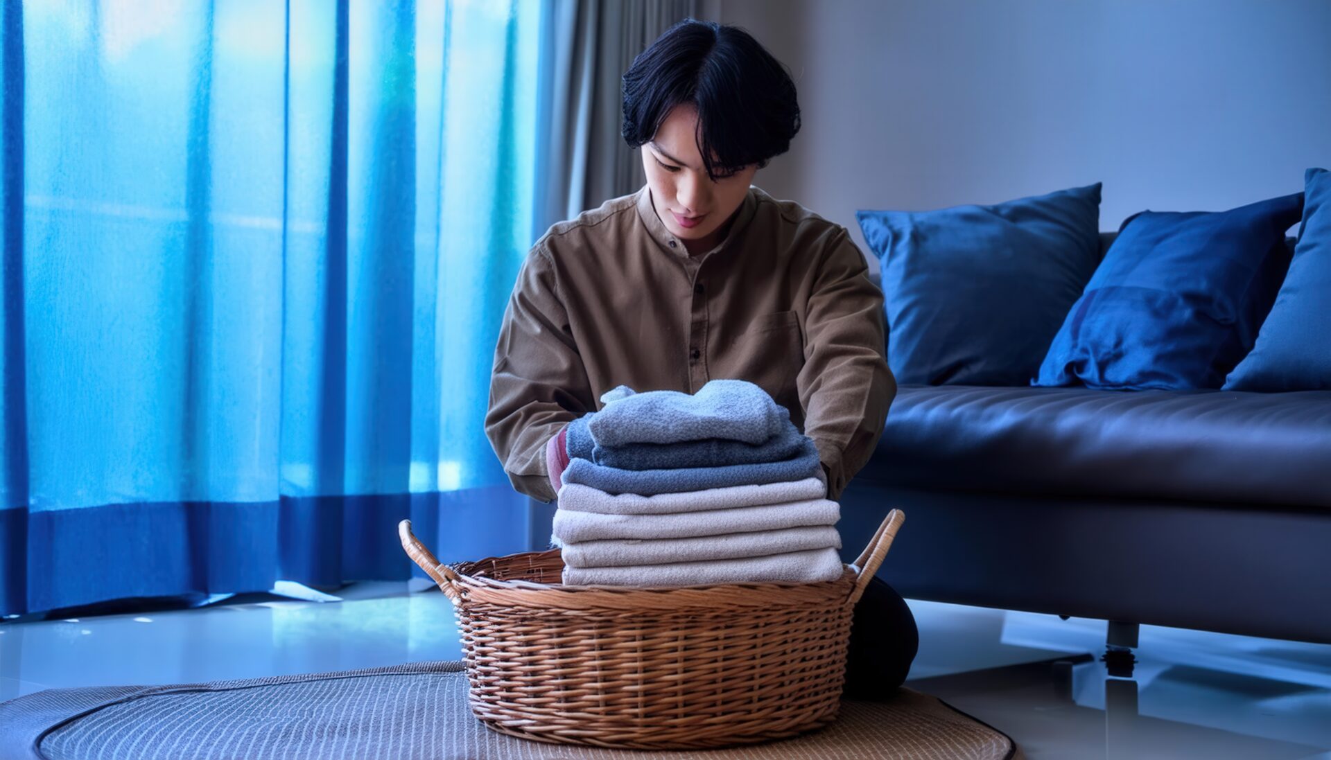 青いカーテンを背景に洗濯物をたたむ人物