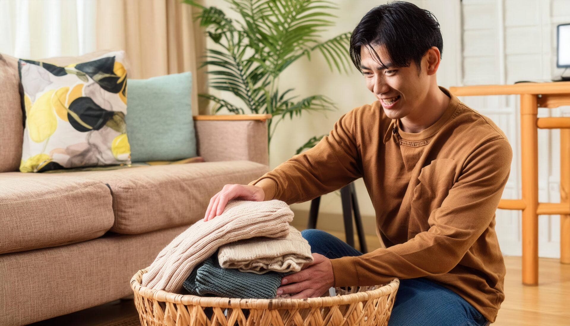 リビングで洗濯物をたたむ笑顔の若い男性