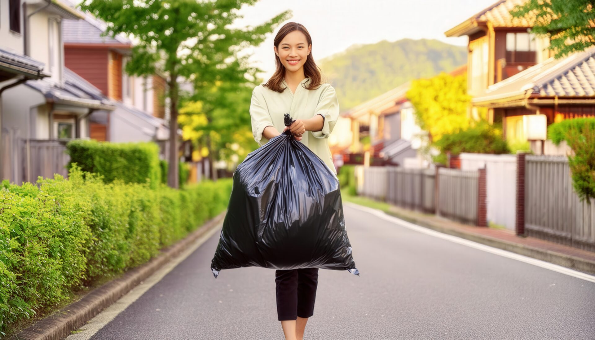 住宅街でゴミ袋を持つ笑顔の若い女性