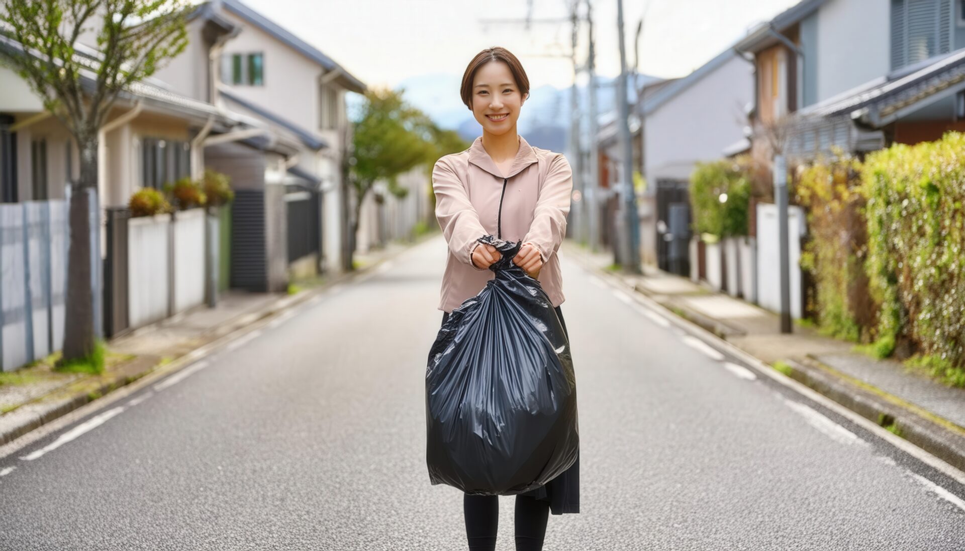 住宅街の道路で黒いゴミ袋を持つ笑顔の若い女性