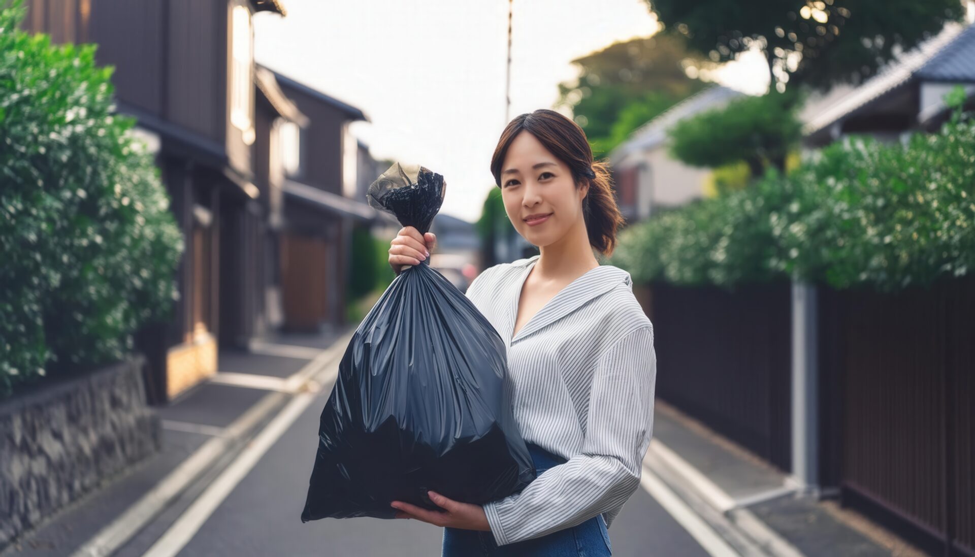 夕方の住宅街で黒いゴミ袋を持つ若い女性