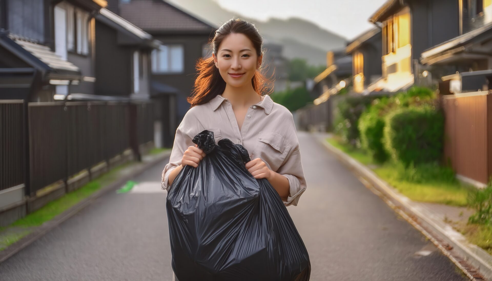 夕暮れの住宅街で黒いゴミ袋を持つ若い女性