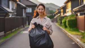 夕暮れの住宅街で黒いゴミ袋を持つ若い女性