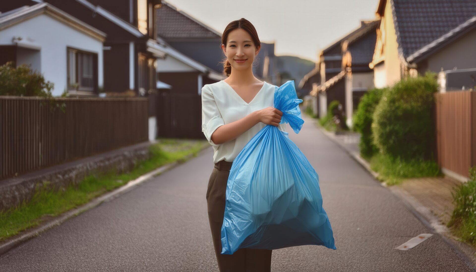 住宅街で青いゴミ袋を持つ若い女性