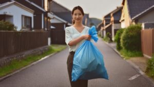 住宅街で青いゴミ袋を持つ若い女性