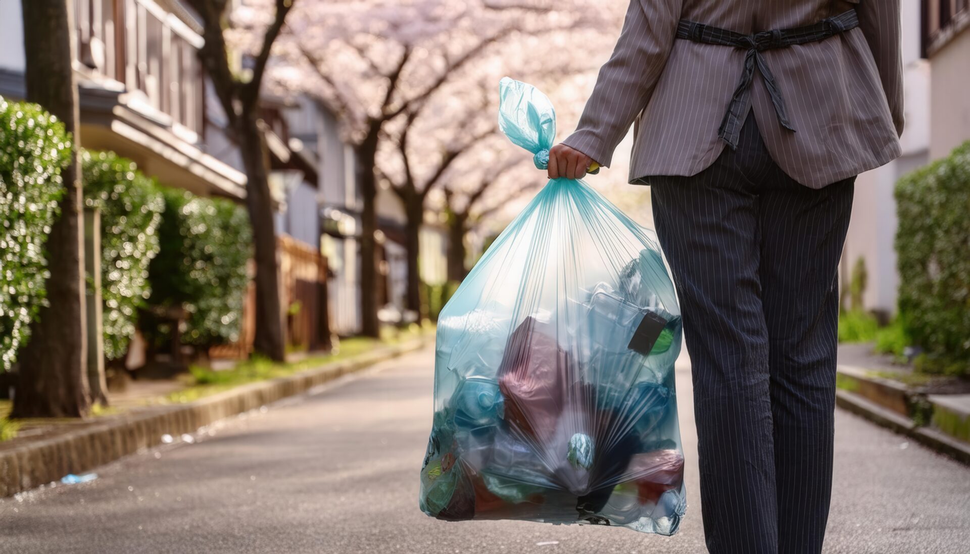 住宅街で大きなゴミ袋を持って歩く背面の女性