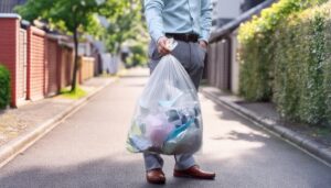 住宅街で透明のゴミ袋を持つ若い男性の下半身