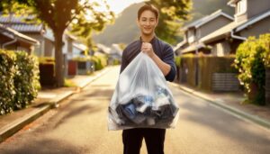 住宅街で透明のゴミ袋を持つ笑顔の若い男性