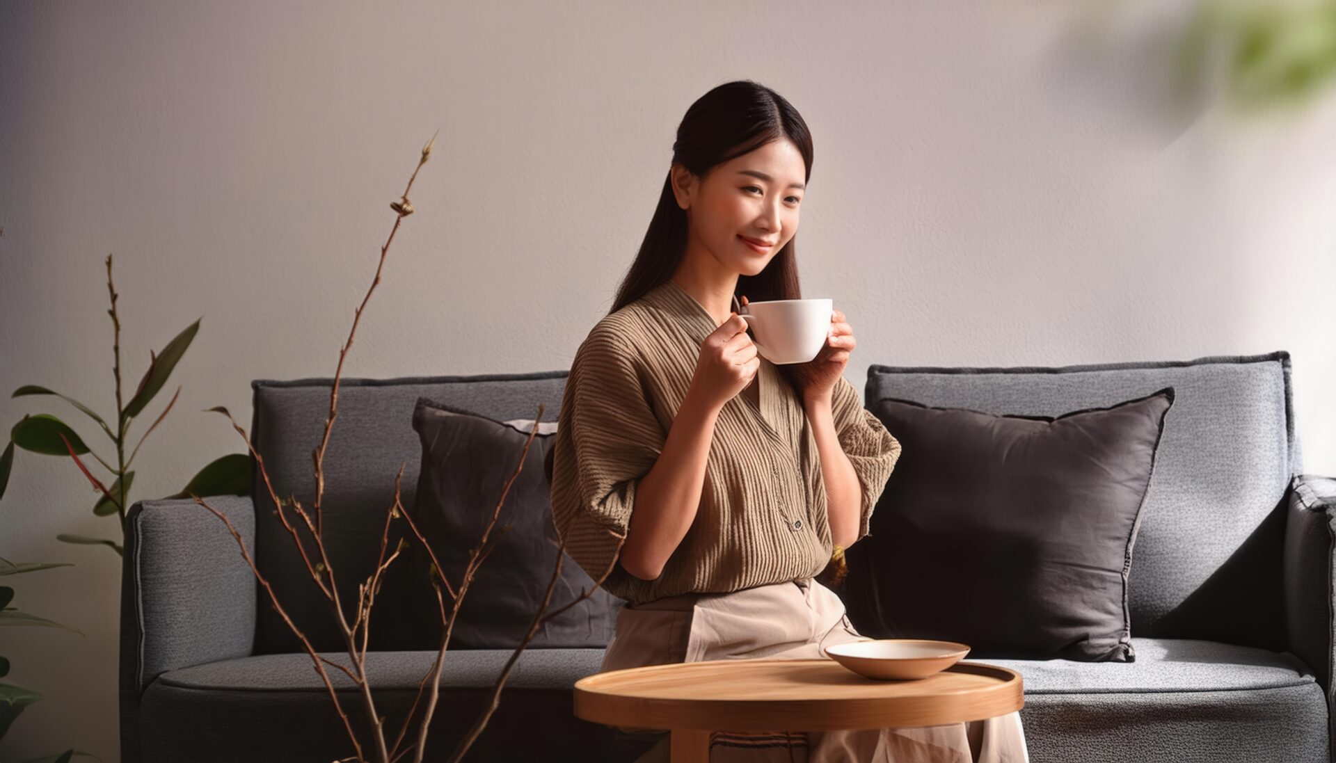 グレーのソファでカップを持つ若い女性