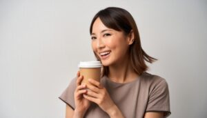 白背景で紙カップを手に微笑む若い女性