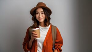 帽子をかぶり紙カップを持つ若い女性