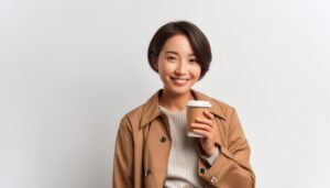 白背景で紙カップを持つショートヘアの若い女性
