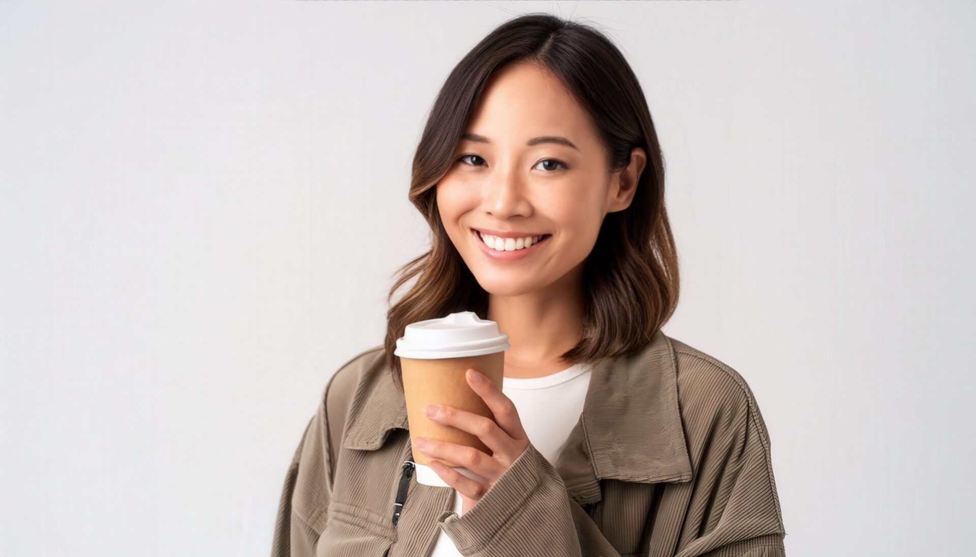 白背景で紙カップを持つ若い女性のポートレート