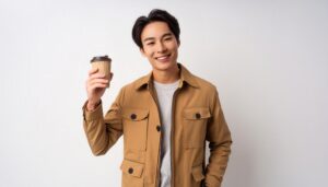 白背景で紙カップを掲げる若い男性