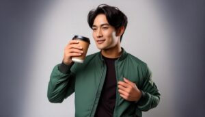 スタジオで紙カップを手にした若い男性（グリーンジャケット）