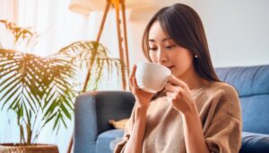 リビングでティーカップを手にする若い女性