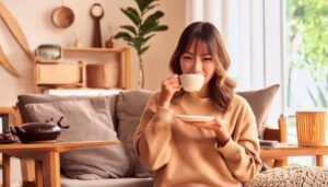 リビングでティーカップを飲む若い女性