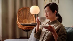 ソファでティーカップを持つ若い女性