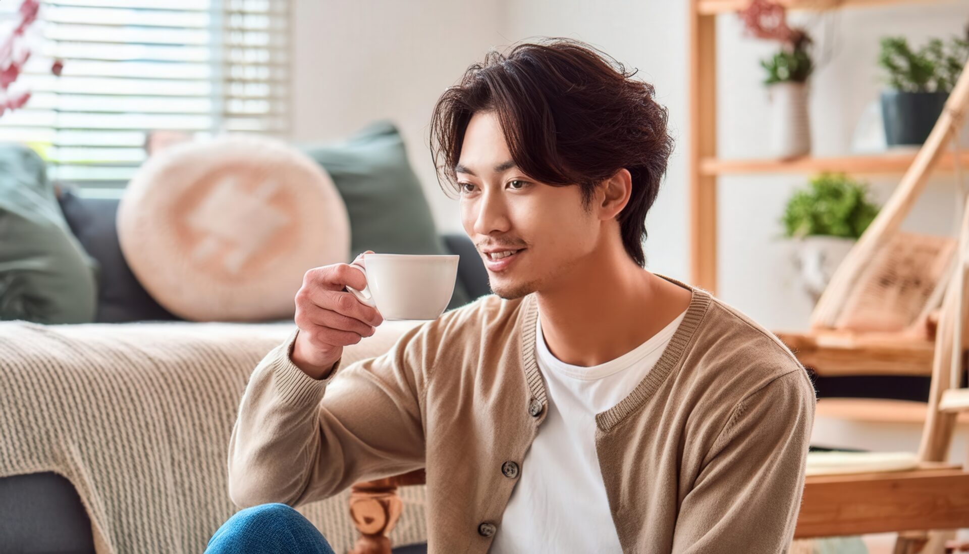 部屋でティーカップを手にする若い男性