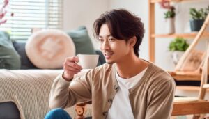 部屋でティーカップを手にする若い男性